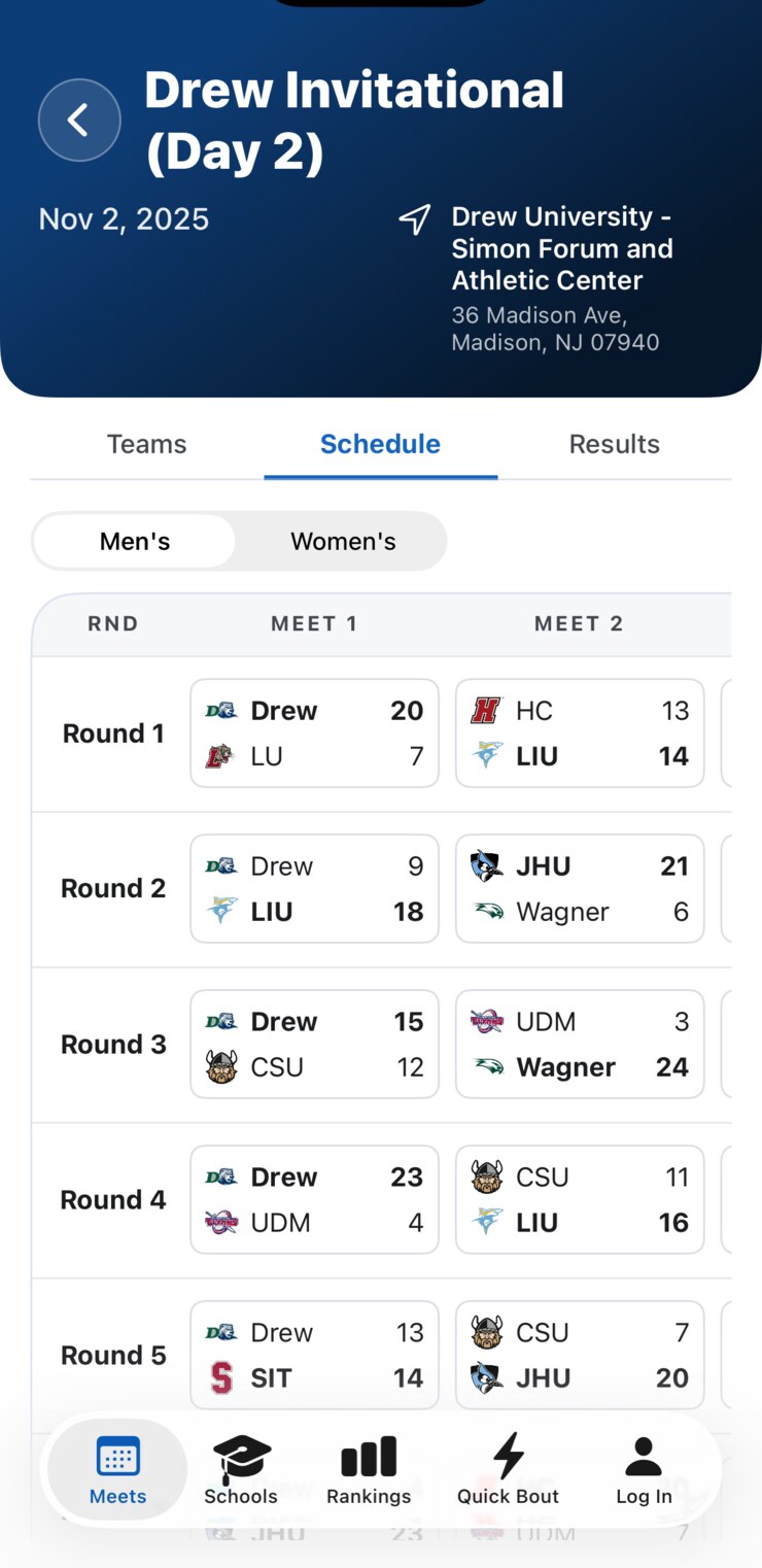 A college invitational's schedule in the Touch by Touch iPhone app, showing each round's meets and final scores