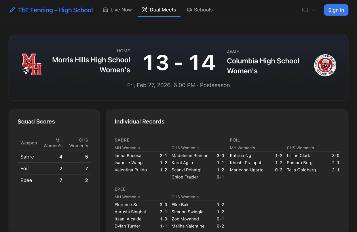 A high school dual meet on the Touch by Touch website, showing bout-by-bout scores for both teams
