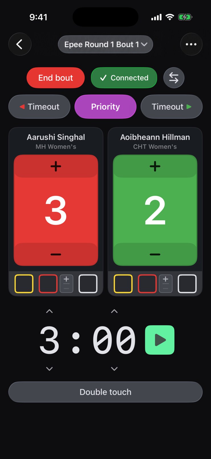 The full dual meet scorer in the Touch by Touch iPhone app, showing Morris Hills versus Chatham in an active 3–2 epee bout with scoring controls, cards, timeouts, and the bout clock